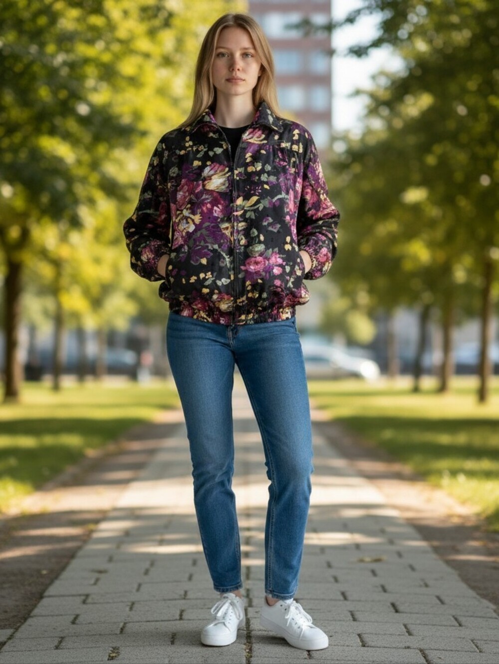 La Fille By Jean's Vintage Floral Print Bomber Jacket - Black & Purple Medium